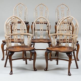 Set of Eight Neo-Gothic Style White Painted Elm Dining Chairs