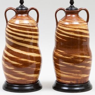 Pair of Glazed Earthenware Slip Decorated Jars Mounted as Lamps