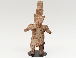 PRE-COLUMBIAN STYLE STANDING POTTERY FIGURE WITH TIERED HAT