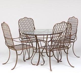 Four Faux Bois Metal Garden Armchairs with Matching Dining Table 