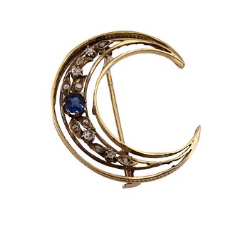 Victorian 18k Gold & Sapphire crescent moon Brooch