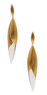 Designer modernist 18k Gold Drop earrings with rock quartz