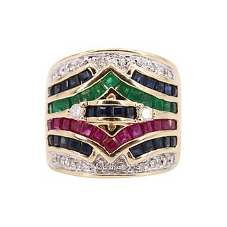 Multigemstones & Diamonds 14k Gold Ring