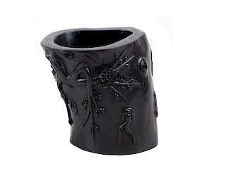 WELL CARVED ZITAN WOOD BRUSH POT
