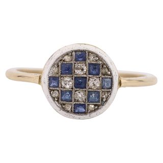 Art Deco 18k Gold Enamel,  Diamonds & Sapphires Ring
