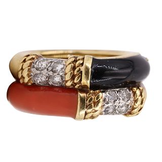 Diamonds, Onyx & Coral 18k Gold Ring