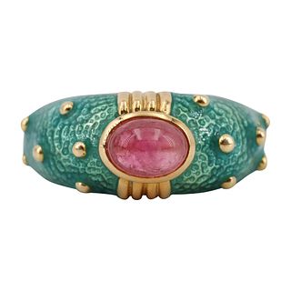 Designer Signed 18k Gold Pink Tourmaline Enamel Ring