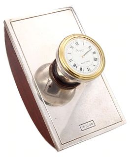 Asprey London 1994 Desk blotter clock in .925 sterling 18k vermeil & Wood