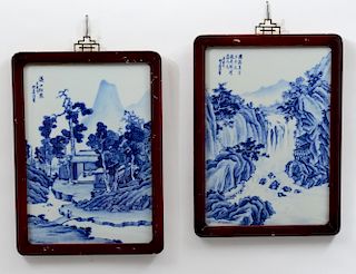 PAIR OF BLUE AND WHITE PORCELAIN PLAQUES