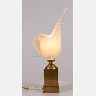 A Deco Style Blown Glass and Brass Table Lamp