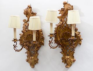 PAIR OF NEO-CLASSICAL STYLE CARVED AND GILTWOOD TWO LIGHT SCONCES