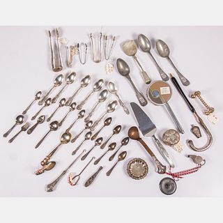 A Collection of Sterling Silver, Silver Plate and Metal Spoons, Dishes, Brush, Yoyo, and Umbrella Handle
