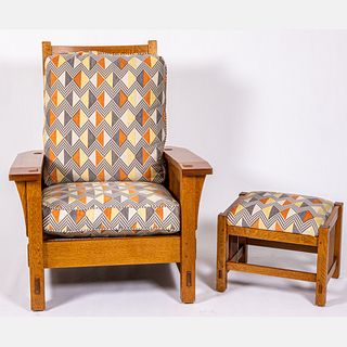 Stickley/E.J. Audi Arts and Crafts Upholstered  Chair and Ottoman