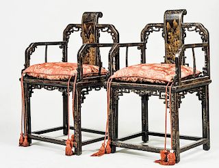 FINE PAIR OF GILT DECOR BLACK LACQUERED ARM CHAIRS