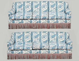 PAIR OF BLUE AND WHITE UPHOLSTERED SOFAS