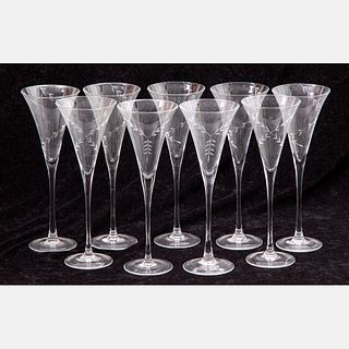 Nine Etched Glass Champagne Flutes
