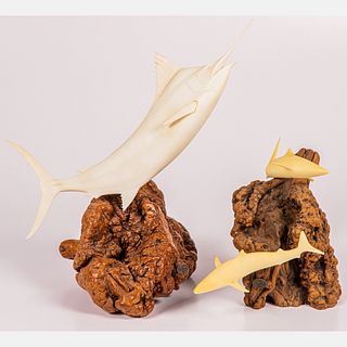 Two Balanite and Driftwood Sculptures Depicting Sea Life