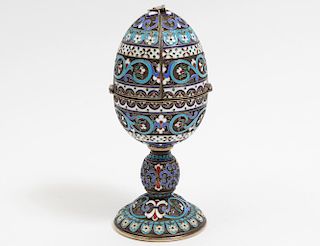 RUSSIAN SILVER GILT ENAMEL EGG ON STAND