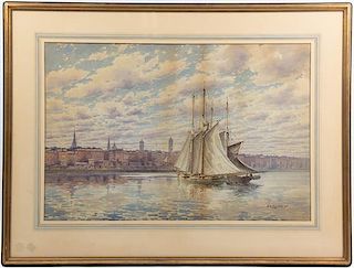 Theodore Otto Langerfeldt, (German, 1841-1906), Ships Approaching Harbor