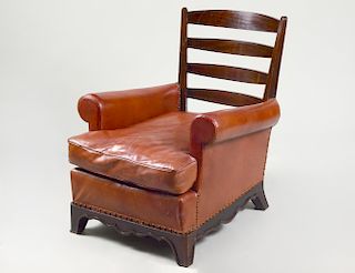 MAHOGANY AND LEATHERETTE OCEAN LINER'S DECK ARM CHAIR