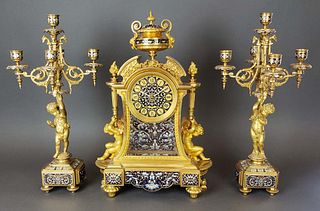 Exquisite French Champleve Enamel & Bronze Clockset,