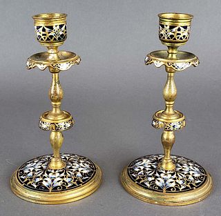 Pair of French Champleve Enamel Candlesticks