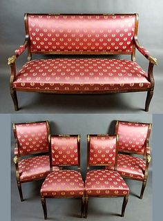 Set of Late 19th C. Empire Bench and Chairs