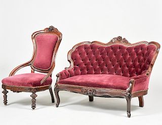 VICTORIAN CARVED MAHOGANY LOVE SEAT AND CHAIR