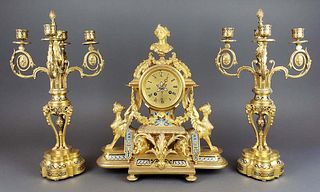 19th C. French Champleve Enamel & Bronze Figural