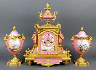 19th C. French Sevres Bronze and Porcelain Clockset