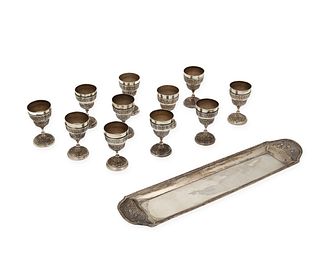 A set of Mexican sterling silver cordial goblets with tray