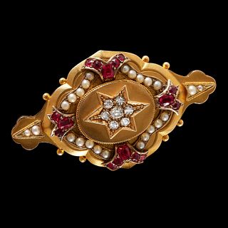 VICTORIAN DIAMOND RUBY AND PEARL BROOCH