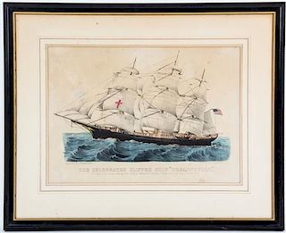 * CURRIER & IVES. The Celebrated Clipper Ship Dreadnought. Reproduction color lithograph after the original, 1854. Framed.