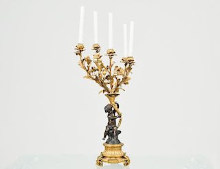 LOUIS XVI STYLE GILT AND PATINATED BRONZE FIVE LIGHT CANDELABRA