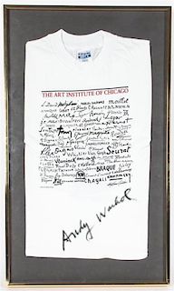 An "Art Institute of Chicago" printed t-shirt signed by Andy Warhol, 30 3/4 x 19 1/8 inches (framed).