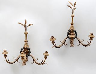 PAIR OF EMPIRE STYLE THREE LIGHT GILTWOOD AND METAL SCONCES