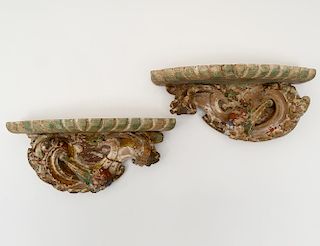 PAIR OF CARVED AND PAINTED WOOD WALL BRACKETS