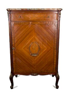 A Louis XV/XVI Transitional Style Marquetry Mahogany Tall Cabinet Height 54 1/2 x width 34 x depth 19 inches.