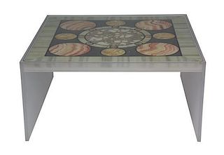 A Simulated Pietra Dura Table Top on Lucite Base Height 18 1/4 x width 38 x depth 38 inches.