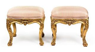 A Pair of Louis XV Style Giltwood Tabourets Height 21 1/4 inches.