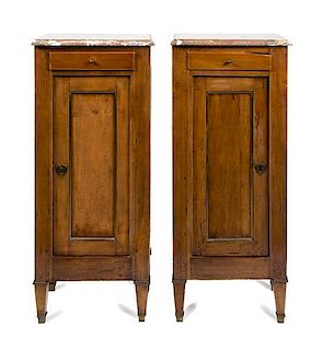 A Pair of Louis XVI Style Provincial Fruitwood Side Cabinets Height 40 1/4 x width 16 x depth 10 1/4 inches each.