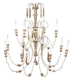 A French Carved Wood and Painted Metal Twelve-Light Chandelier Height 60 x width 41 inches.