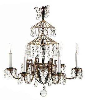 A Continental Gilt Metal and Glass Six-Light Chandelier Height 28 x diameter 23 inches.