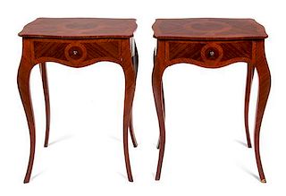 A Pair of Louis XV Style Mahogany Parquetry Side Tables Height 29 1/2 x width 22 x depth 15 inches.