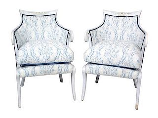 A Pair of Regency Style White Painted Armchairs Height 37 inches.