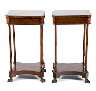 A Pair of Regency Brass Mounted Rosewood Side Tables Height 28 1/4 x width 15 x depth 13 inches.