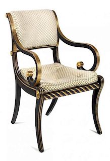 A Regency Ebonized and Gilt Decorated Open Armchair Height 34 1/2 inches.