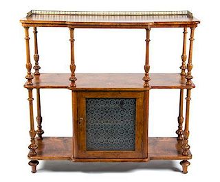 A Victorian Marquetry and Burl Walnut Etagere Height 40 x width 42 x depth 14 1/2 inches.