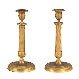 A Pair of French Empire Style Gilt Bronze Candlesticks Height 10 1/2 inches.
