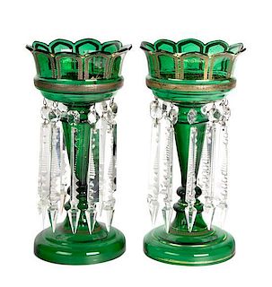 A Pair of Bohemian Green Glass Lusters Height 13 1/2 inches; diameter 6 3/4 inches.